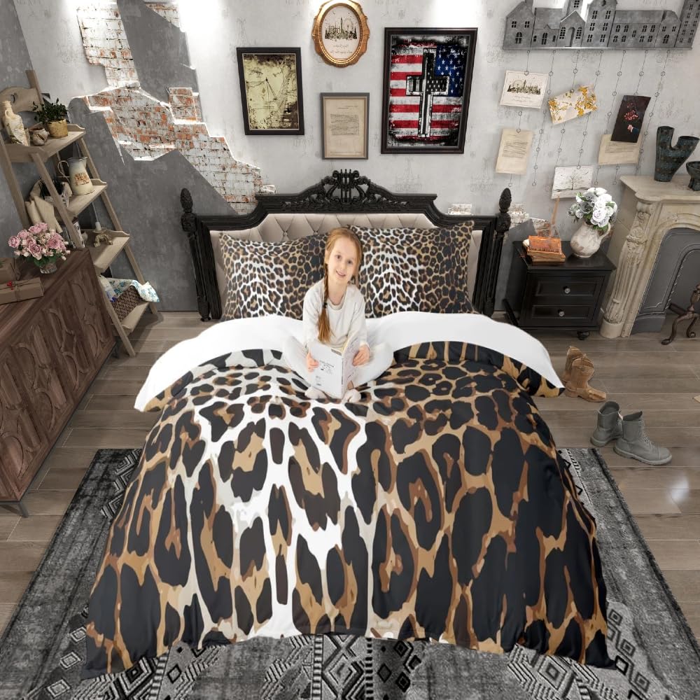 Loussiesd Leopard Print Bedding Set Luxury Cheetah Print Comforter Cover for Girls Adults Wild Animal Theme Duvet Cover Brown Wildlife Style Bedspread Cover Room Decor Quilt Cover King Size Chic