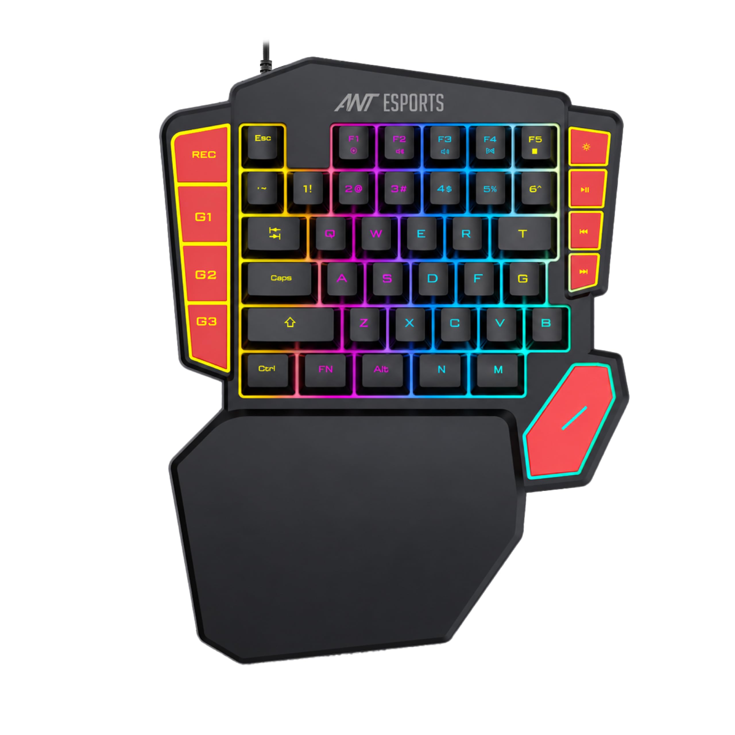Ant Esports MK1005 One Hand Gaming Keyboard - 45 RGB Backlit Keys, 3 Macro Keys (G1-G3) + REC Key, WASD/Arrow Key Swap, Ergonomic Wrist Rest, USB Type-C OTG Adapter for PC, Laptop & Mobile Gaming
