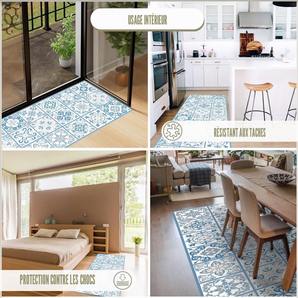 Tapis vinyle hydraulique (200 x 80 cm Bleu ) – Différentes couleurs et tailles – Tapis de cuisine – Tapis de salle à manger antidérapant – Tapis de chambre – Tapis éponge et sol en PVC…