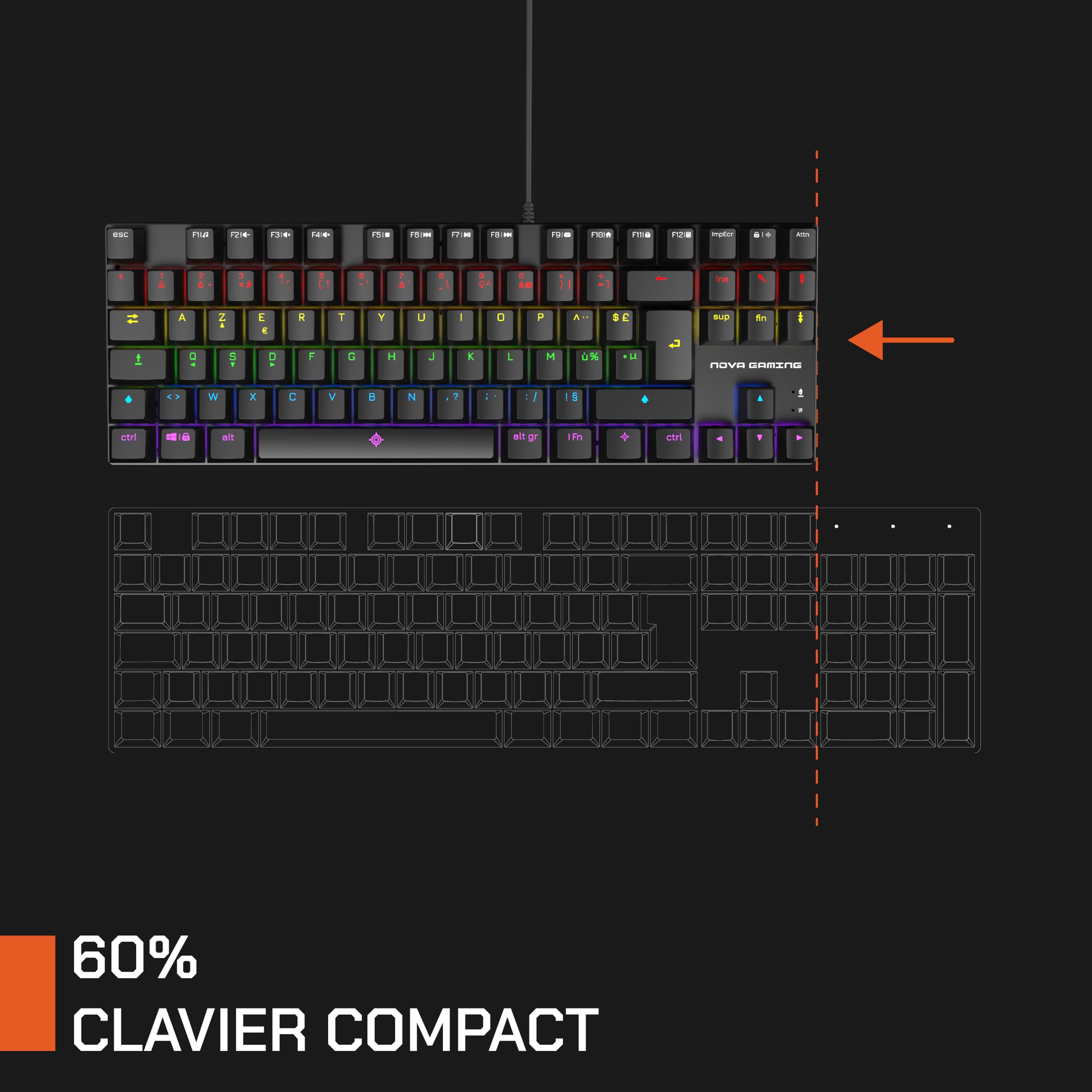 NOVA GAMING – SCULPTOR – Clavier Gaming Mécanique TKL Filaire USB – Clavier Gamer, rétroéclairage RGB, 84 touches dont 25 anti-ghosting, AZERTY Français – Compatible PC Gaming, Windows et Linux