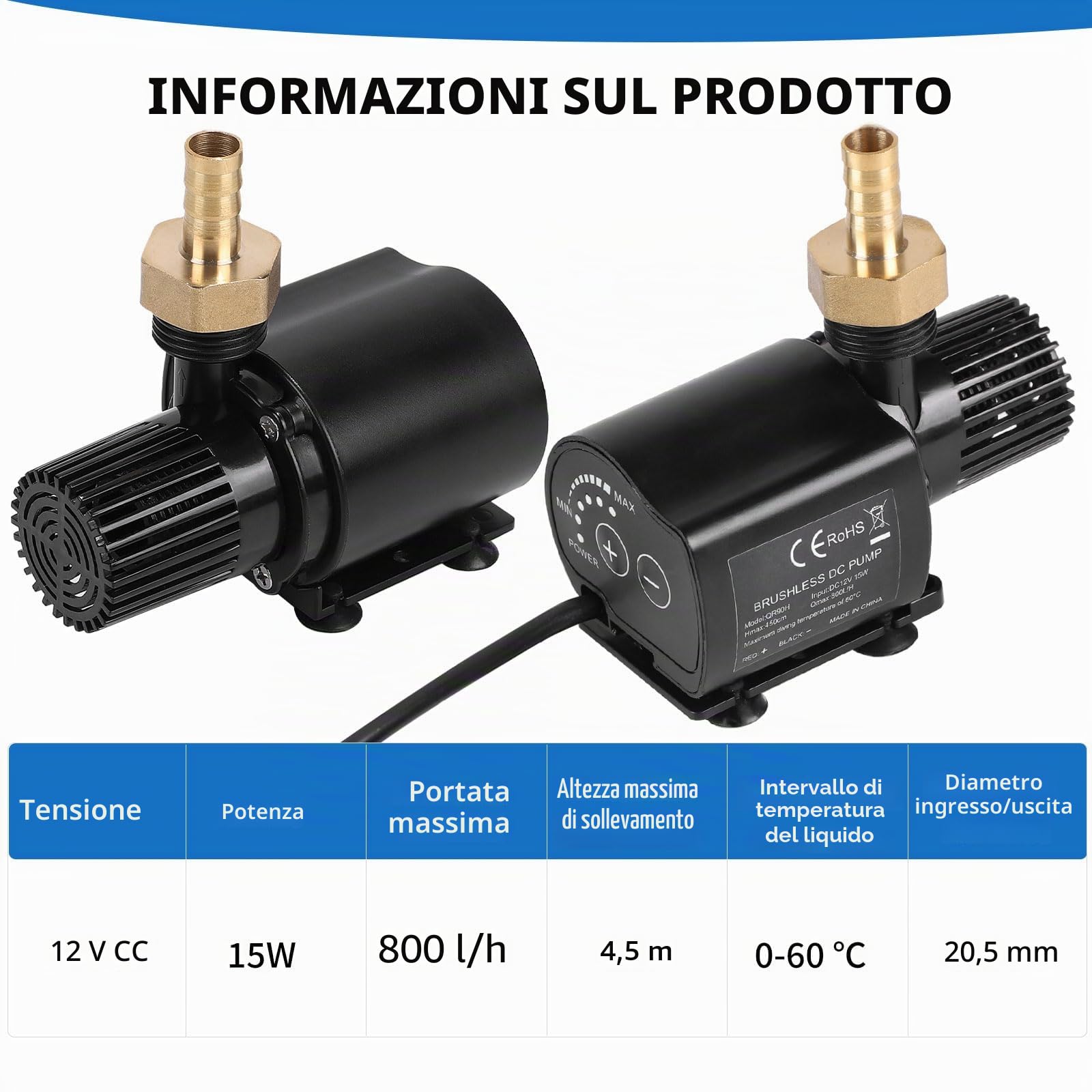 SWAWIS Pompa Acqua 12V 800L/H 4,5M Pompa Sommersa con Controllo Della Velocità Adattatore di Rete Pompa Immersione Mini Pompa Pompa Aspira Acqua Ultra-Quiet Pompa per Acquario Fontana Laghetto