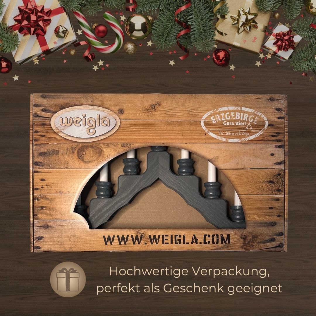 WEIGLA - Schwedenleuchter original Erzgebirge I Trendiger Schwede GRAU I LED I Schwibbogen Weihnachten I 7 Lampenkerzen + 1 Ersatzlampe I 7 x 34 V, 0,2 W, E10 I Weihnachtsdeko innen I Kiefernholz