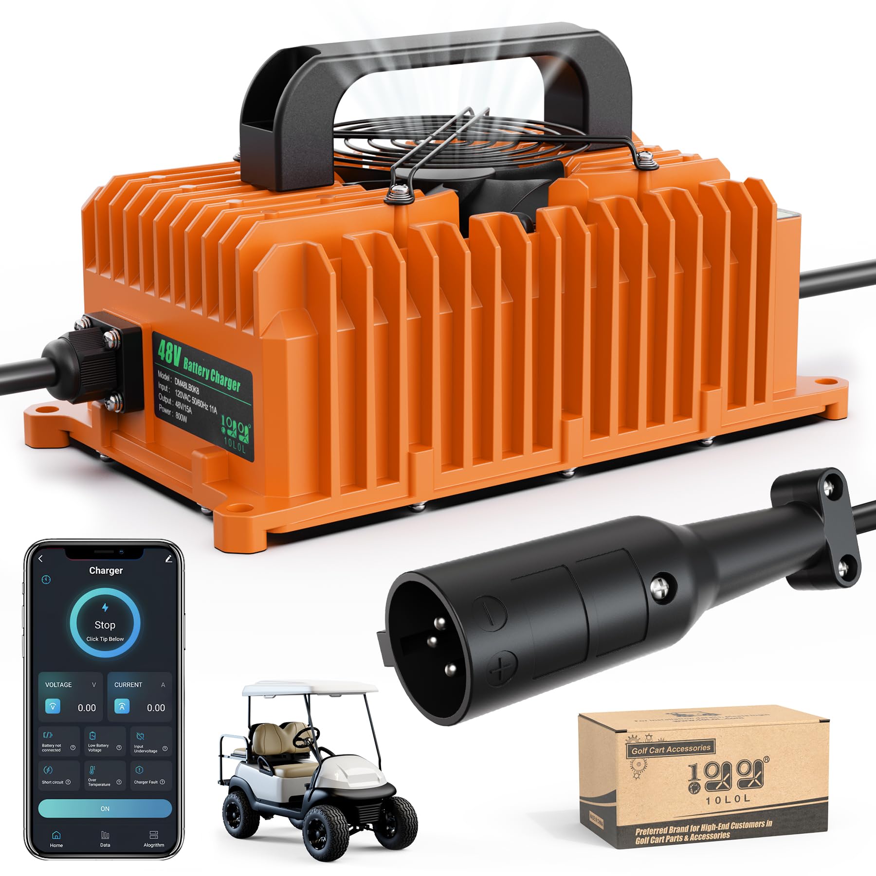 10L0L 15 Amp 48 Volt Golf Cart Charger for Club Car DS Precedent, Smart Golf Cart Battery Charger, 3 Battery Types Support, Battery Repair, Automatic Power Recharge, IP67 Waterproof