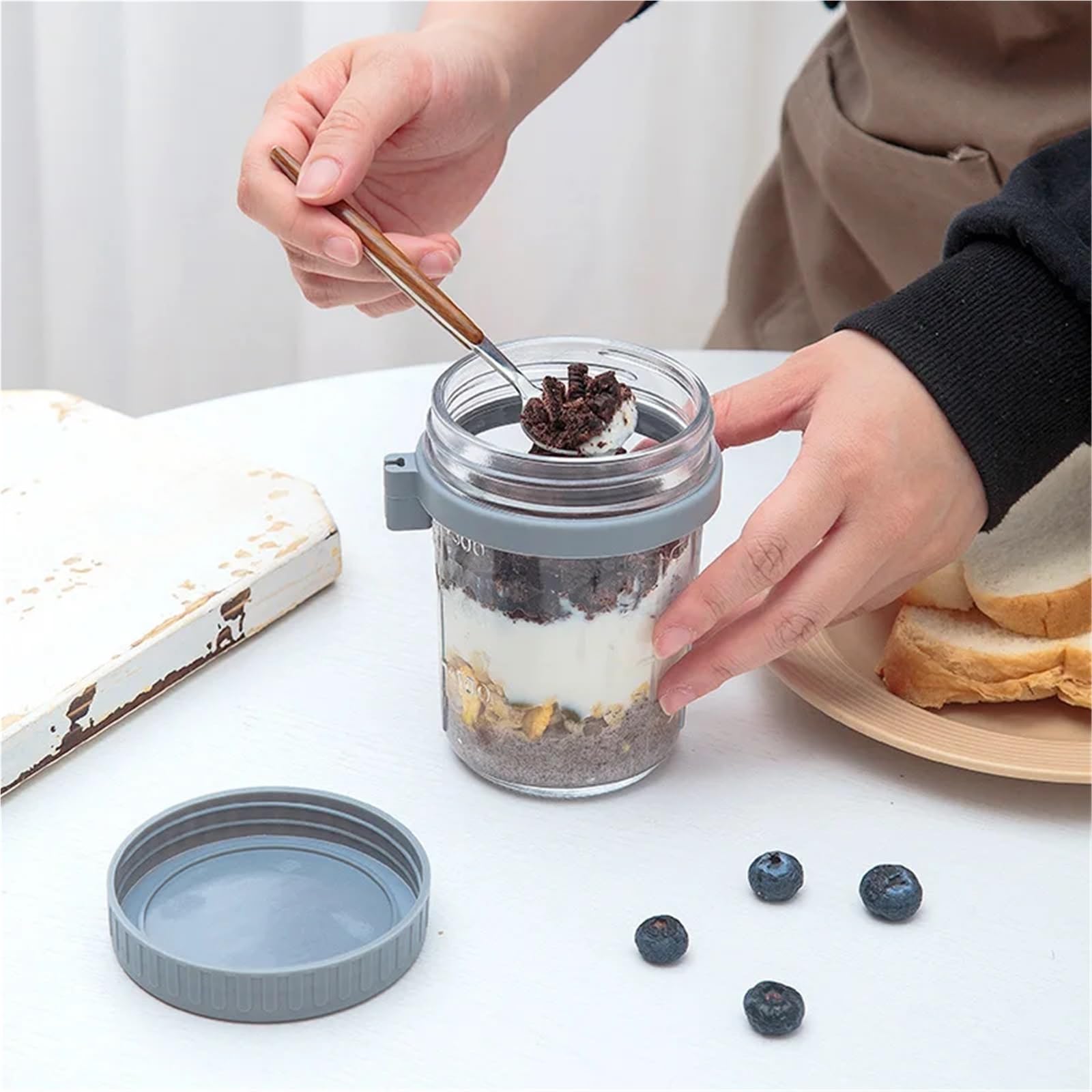 Vasetti Marmellata 1 pz. Contenitore for alimenti in vetro for latte, macedonia di frutta, tazze for cereali, colazione, bottiglia d'acqua, articolo da cucina(White)