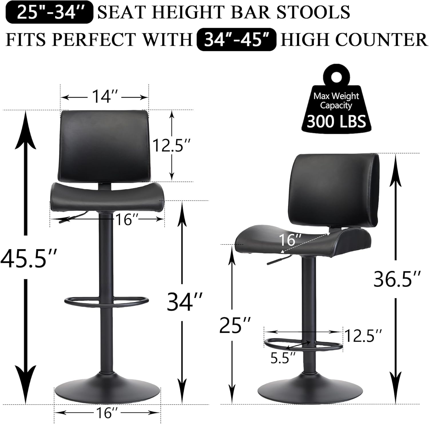 FIRAVOE Bar Stools Set of 4, Black Swivel Bar Stools with Backs, Adjustable Bar Stools 25"-34" Height, Modern Counter Height Bar Stool Set of 4 for Kitchen Island (Black, 4PCS)