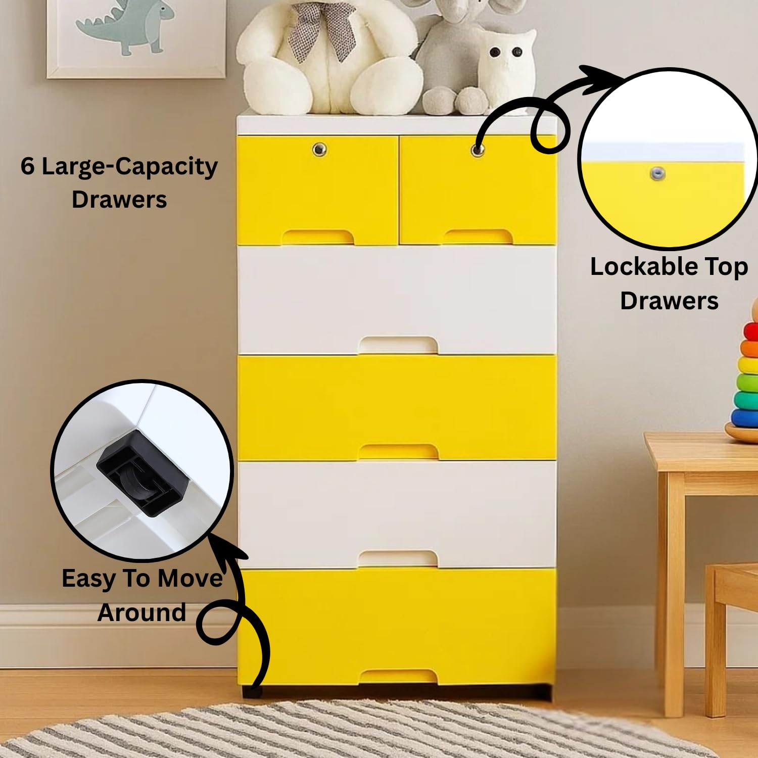 The Tickle Toe 6-Drawer Plastic Chest for Kids | Yellow White Storage Cabinet with Locking Drawers | Multi-Purpose Organizer for Clothes & Toys | 44L x 28.5W x 82H cm 2