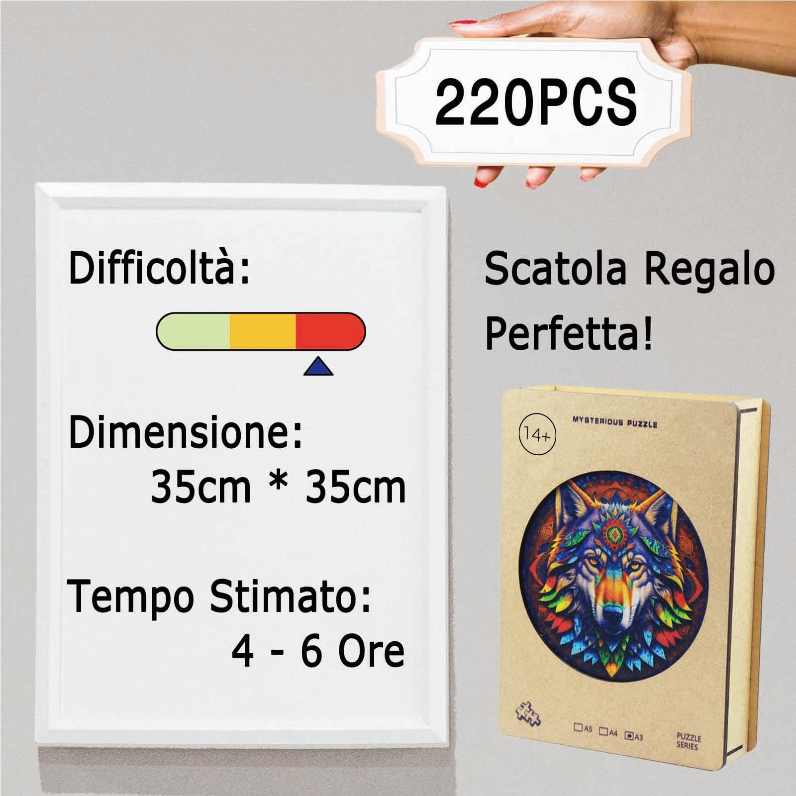 Puzzle Legno per Adulti, Puzzle in Legno del Lupo, 35 x 35 cm, 220 Pezzi, Puzzle di Forma Irregolare, Wooden Puzzle, Puzzle di Animali con Scatola Regalo in Legno