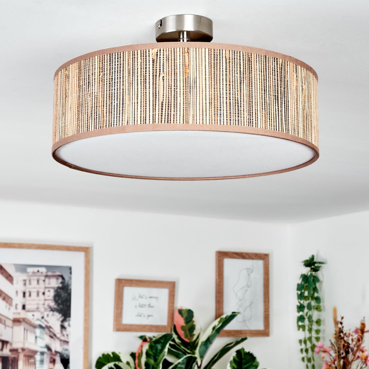 Plafonnier Foggia de HOFSTEIN, en métal/jonc de mer/tissu/plastique en nickel mat/naturel/marron/blanc, lampe bohème ronde (Ø 40 cm), E27, salle à manger, salon, chambre à coucher, cuisine, couloir