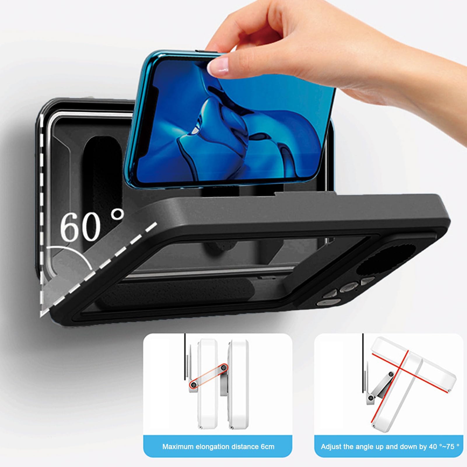 Wasserdichte Handyhalterung mit Bluetooth-kompatibler Lautsprecher, verstellbare Drehung, Dusche, Telefonständer, Touchscreen, Badezimmerhalterung zum Ansehen von Videos, Schwarz