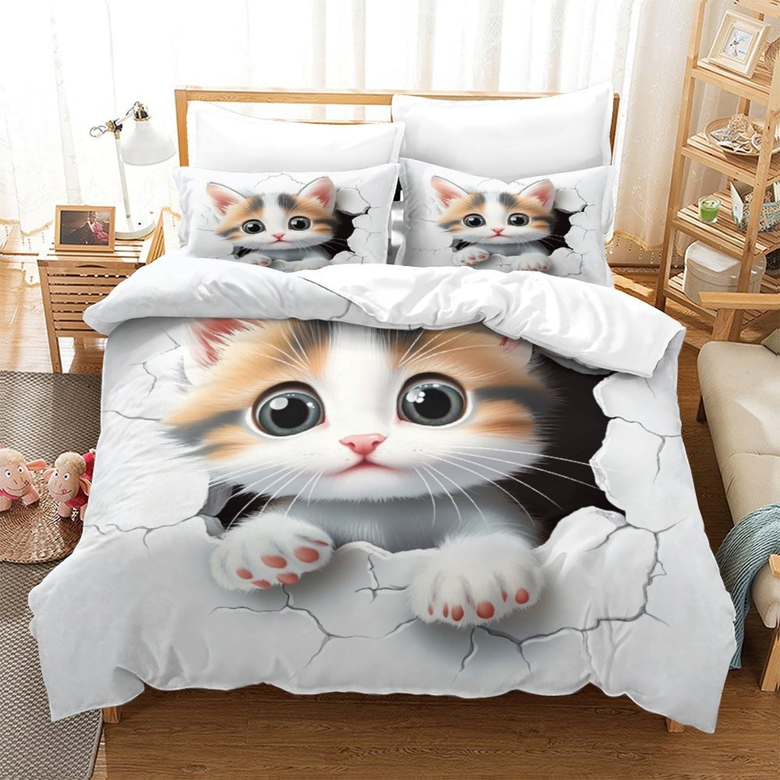 Gattino carino che sbircia 3D Stampa Coperta Letto 3pz Microfibra Antimacchia Fumetto digitale Coperteletto 2 federe Resistente Sbiadimento Adulti Coppie Super king（260x220cm）