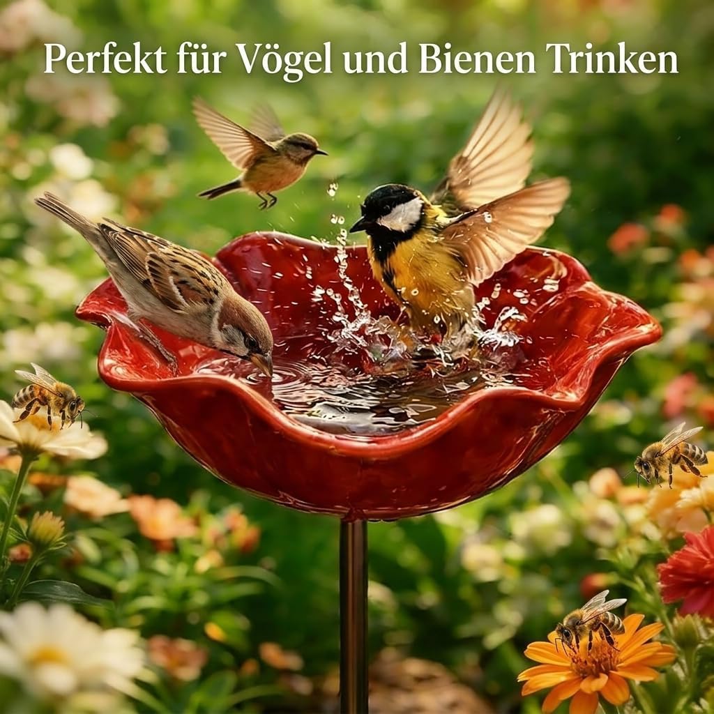 Gartenstecker Metall Vogeltränke Blume,Handgefertigte Winterfeste Bienentränke & Insektentränke für Bienen & Schmetterlinge,Dekorative Gartendeko für Draußen,Terrasse und Rasen(Rot, Gelb, Blau)