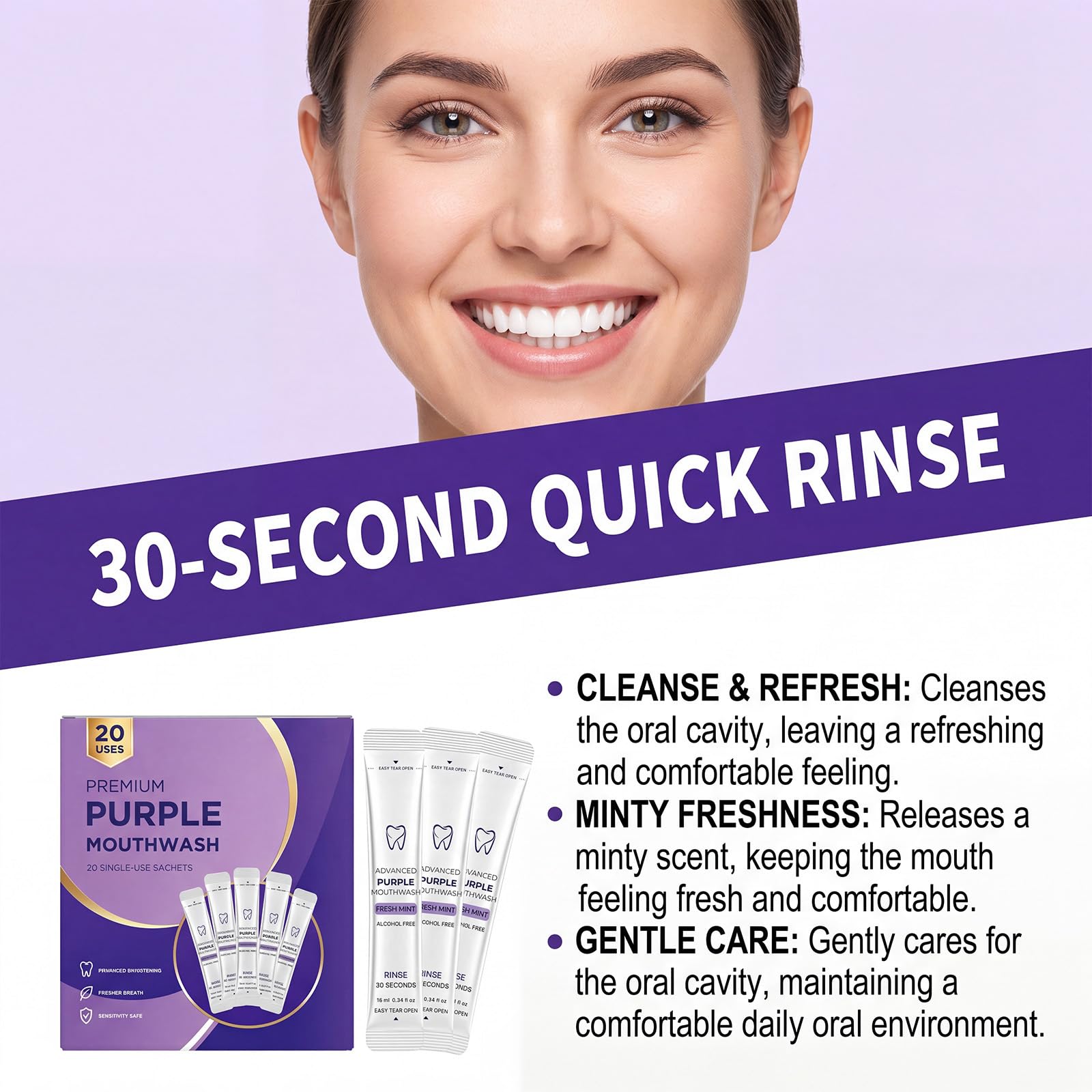 Purple Whitening Mouthwash Strips, Portable Travel Oral Care Pack of 20 | Alcohol Free Fresh Mint Travel Single Use Rinse, Single Use Purple Whitening Mouthwash Bustine, 30 Second Clean