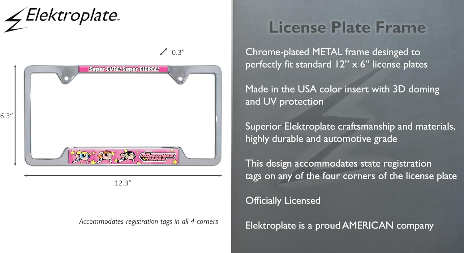 Elektroplate Officially Licensed Powerpuff Girls Cute Fierce 3D Doming Chrome-Plated All-Metal Open Corner License Plate Frame Tag Holder for Cars/SUVs/Trucks Weatherproof Automotive Accessory