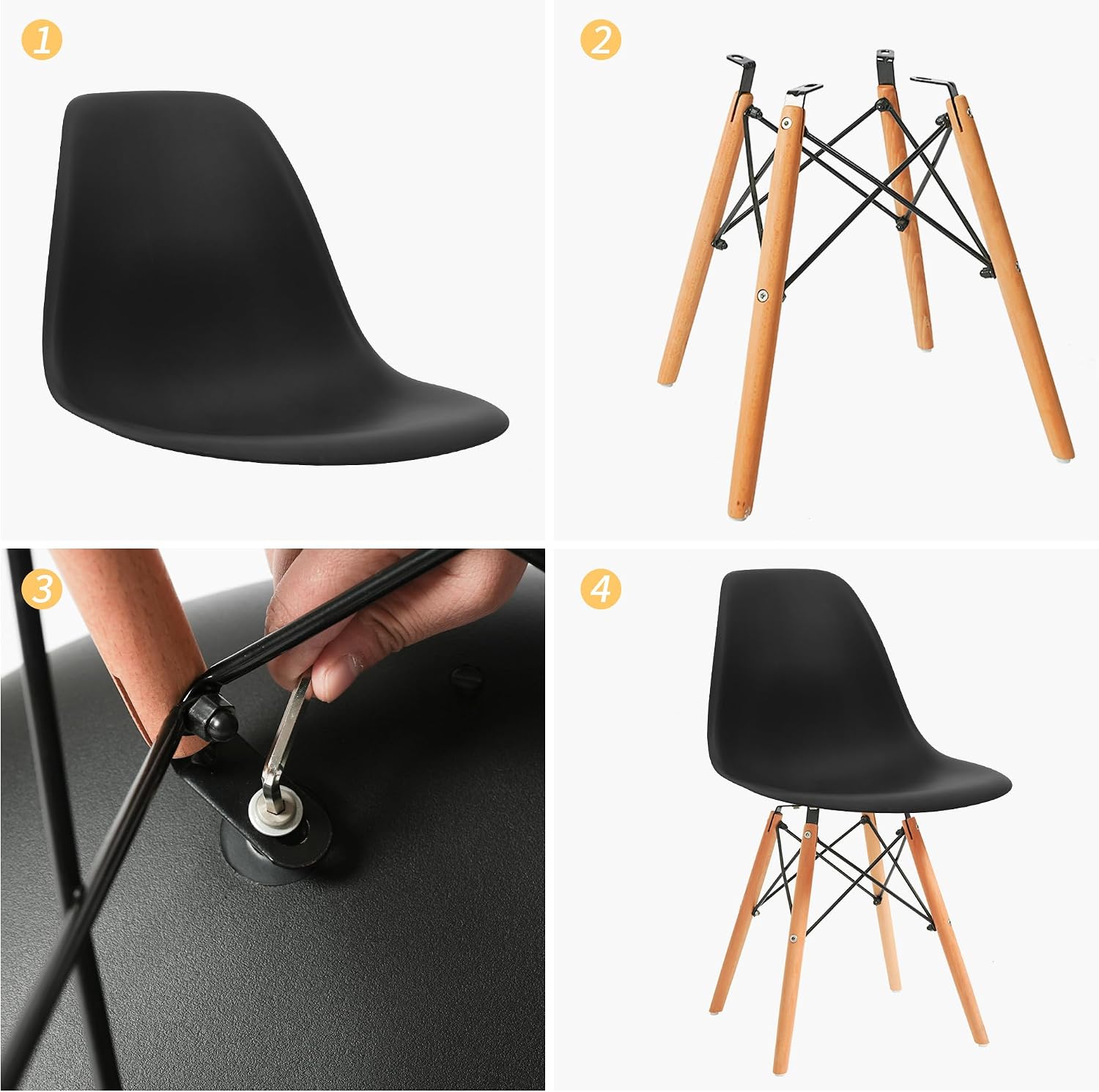 CangLong Modern Mid-Century Shell Lounge Plastic Natural Wooden Legs for Kitchen, Dining, Bedroom, Living Room Side Chairs, Set of 2, Black