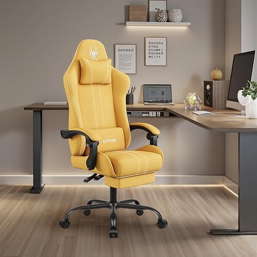 Miniatura 2 de SITMOD Silla de juegos de tela con reposapiés, silla de computadora transpirable con reposacabezas y almohada lumbar, silla ergonómica grande y alta