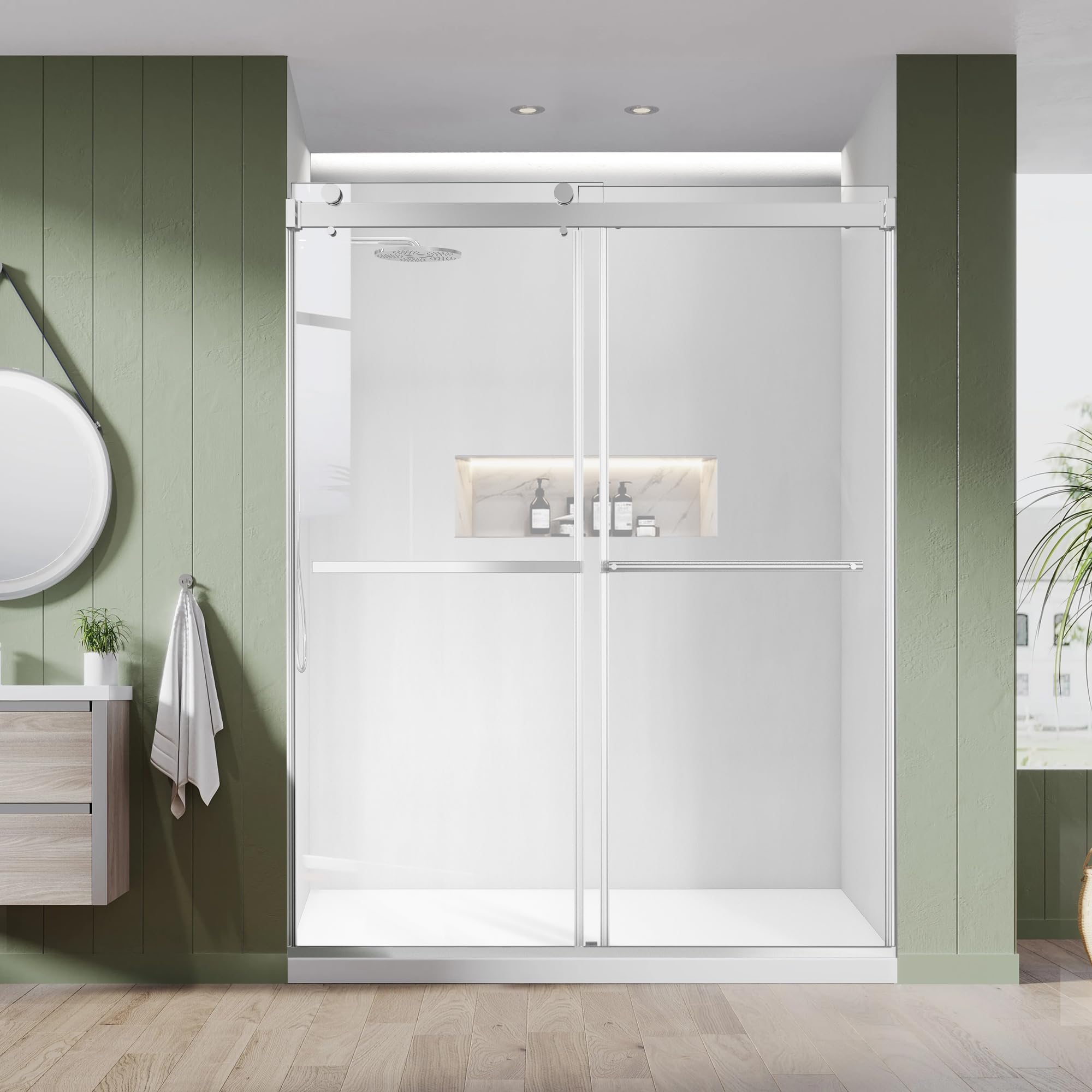 bathroom double sliding shower door, 64" w × 76" h frameless shower enclosure with 5/16"(8mm) clear tempered glass door, chrome hardware, for walk-in bathroom