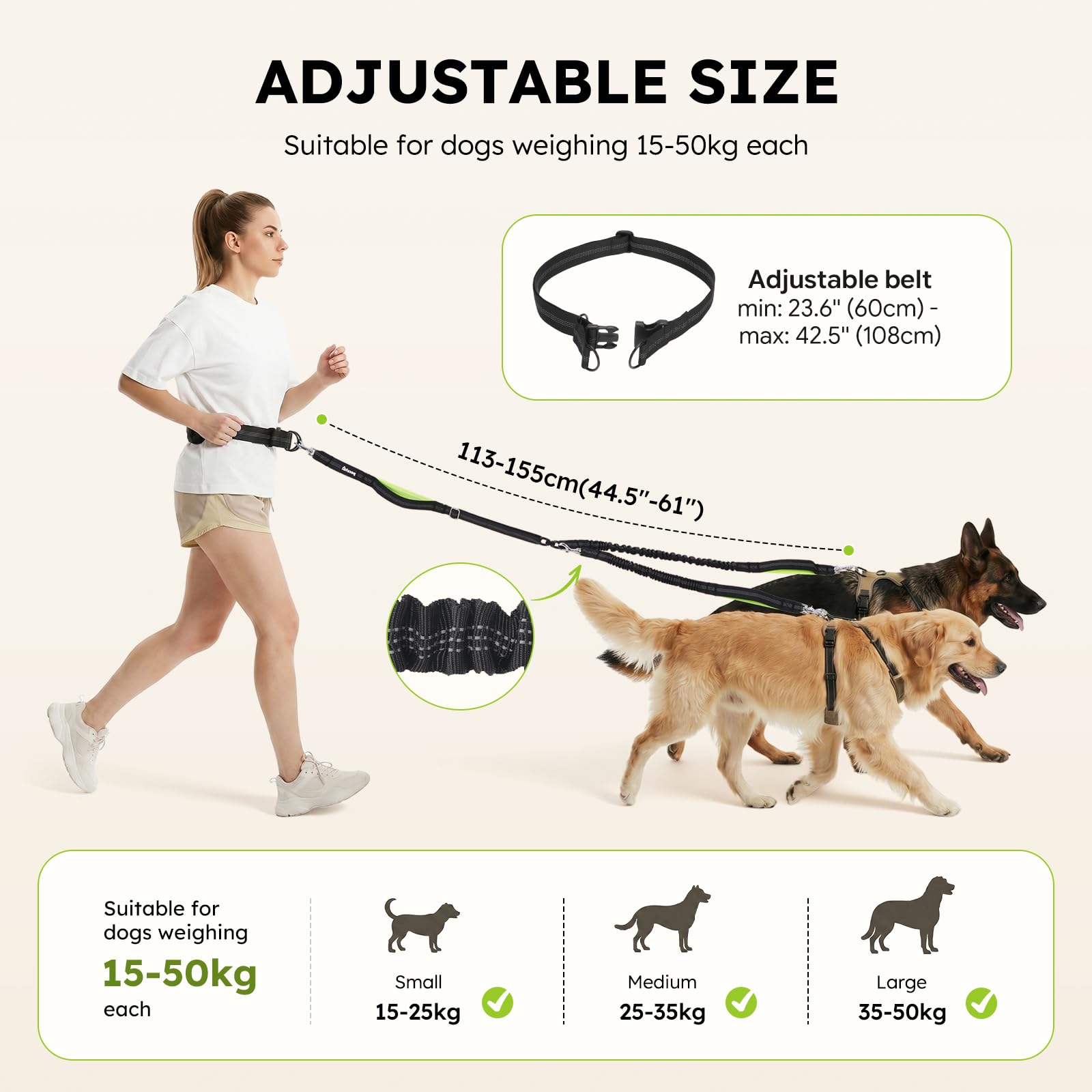 Pecute Joggingleine für 2 Große Hunde 15-50kg mit Breiter Bauchgurt | Hundeleine zum Joggen Multifunktional Freie Kombination| wasserdichte Bauchtasche, Stoßdämpfendes Bungee, Dick Doppelgriffe