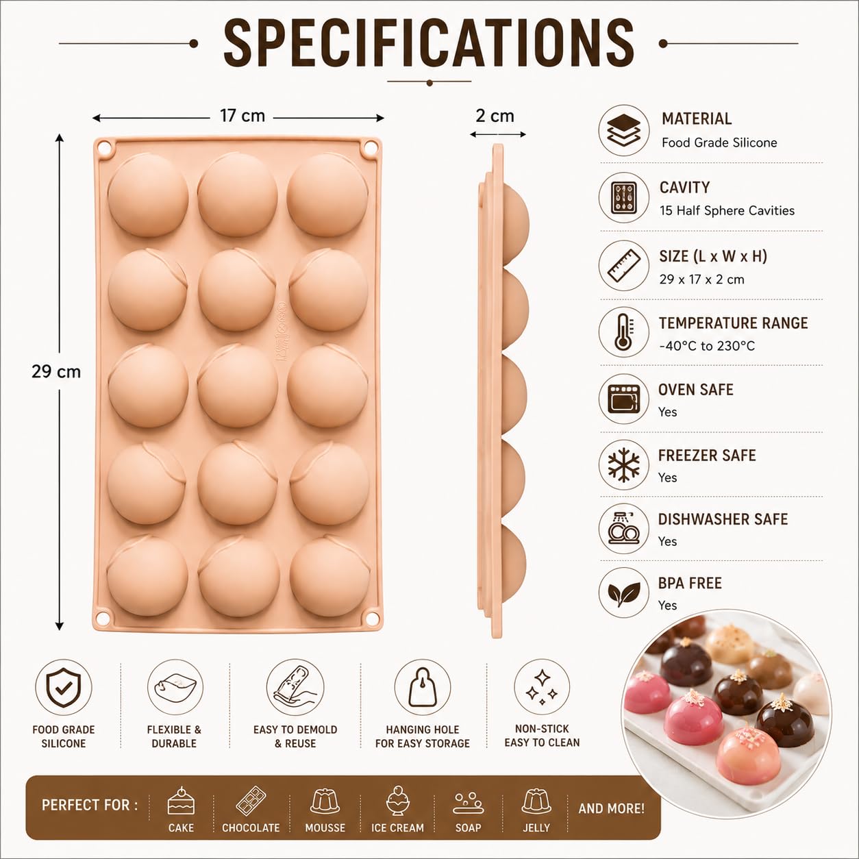 Zeinwap Small 15-Cavity Semi Sphere Silicone Chocolate Mould Non-Stick, Half Sphere Silicone Baking Molds For Making Jelly, Chocolates And Cake, 15 x 10 x 3 Cm