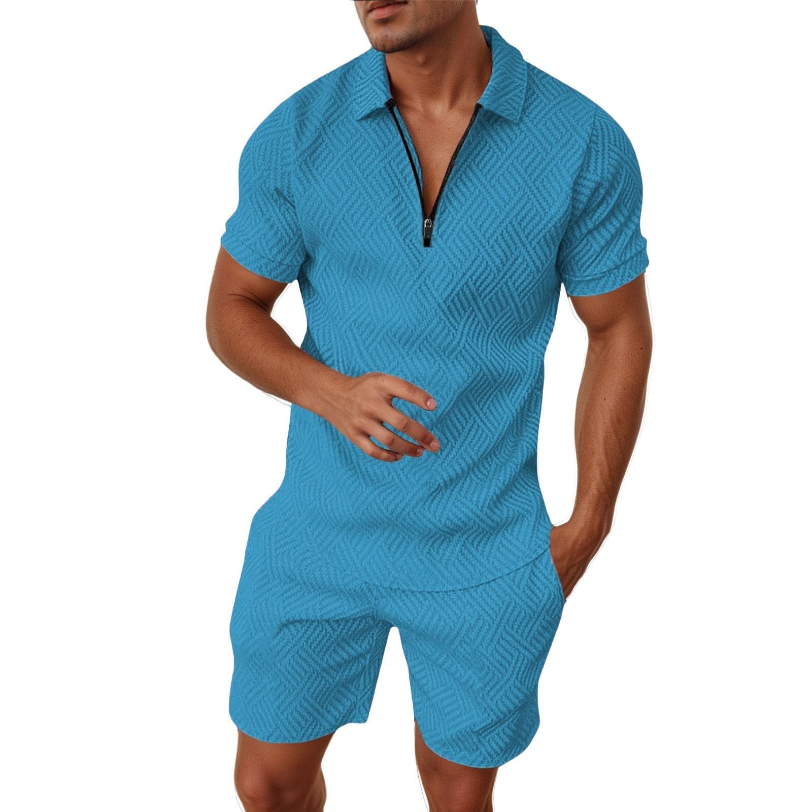 Tuta Uomo Estiva Sportiva Maniche Corte Cerniera T-Shirt e Pantaloncini Estiva 2 Pezzi Set Completo Completa Cotone Leggero Tute Due Maglietta e Complete