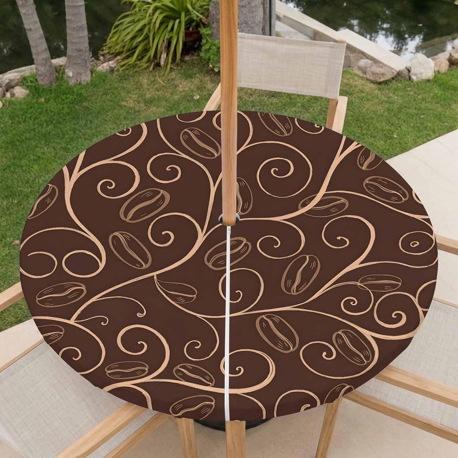 Brown Plants Waterproof Outdoor Tablecloth with Umbrella Hole and Zipper,Round Fitted Table Covers with Elastic,Farmhouse Rustic Farm Leaves Branches Patio Table Cloth for Party Fits 31"-35" Tables