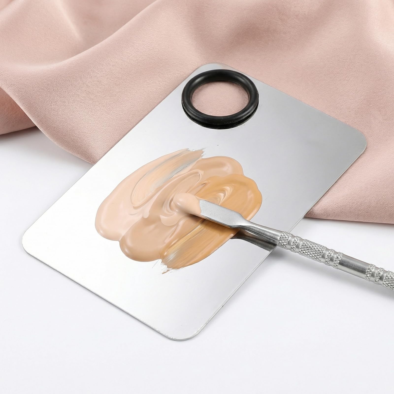 Paleta Maquillaje Acero Inoxidable con Espátula, Kit Mezclar Base Correctores Plata