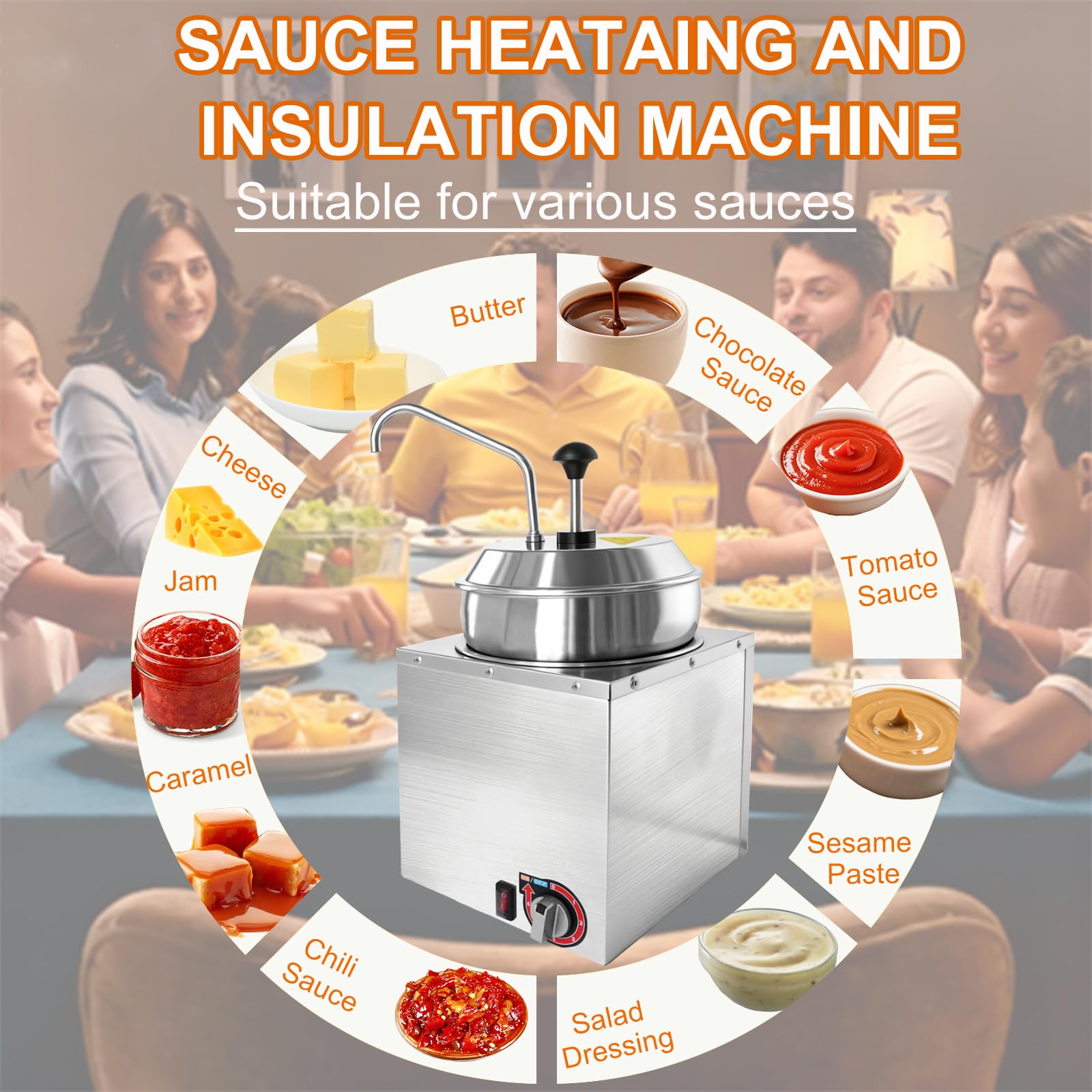Dispensador de queso nacho de 7.4 cuartos con bomba de acero inoxidable, calentador de queso nacho de ajuste de temperatura de 6 niveles, dispensador de salsa comercial para mantequilla, caramelo y