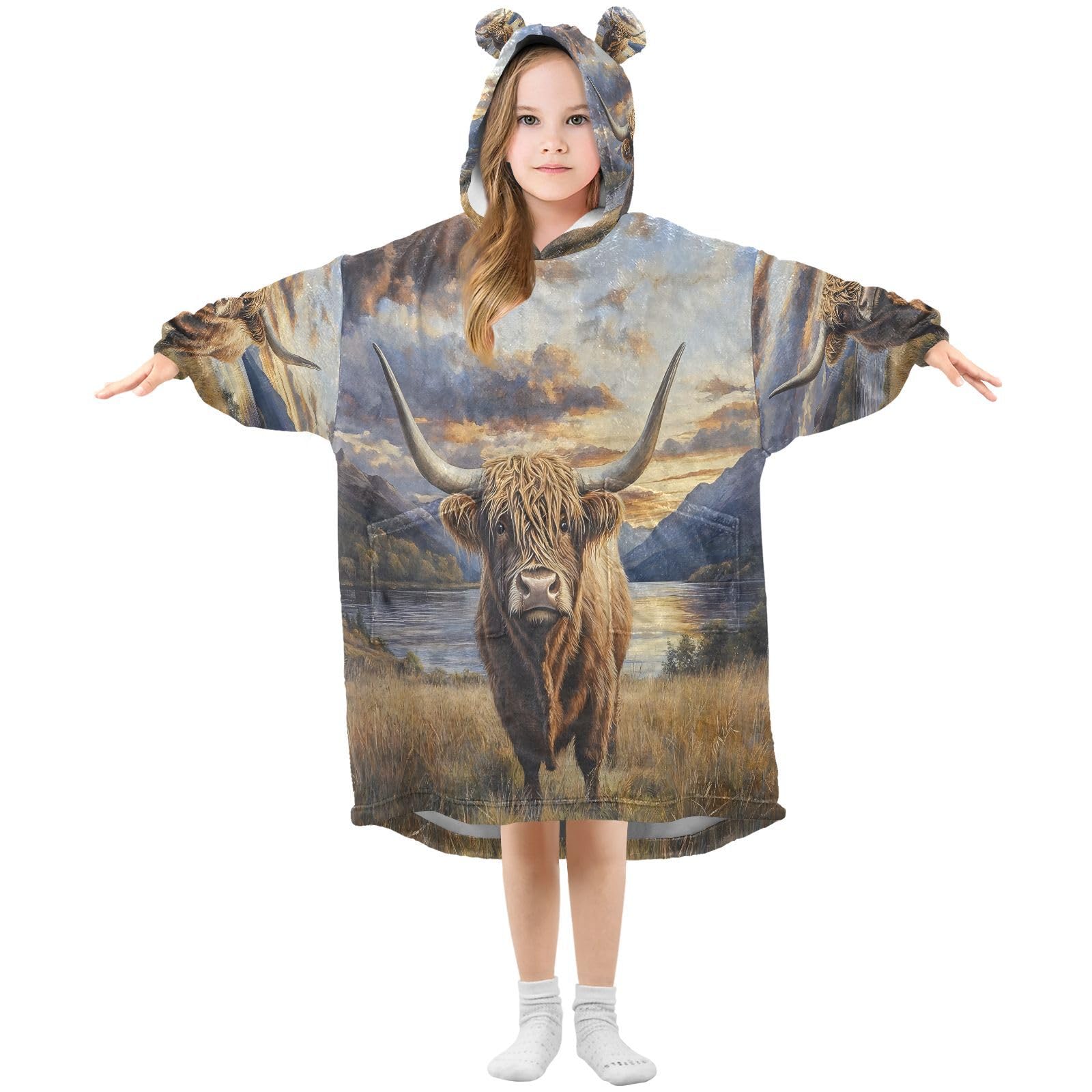 Ewusp Highland Cow Wearable Blanket Hoodie for Kids Oversized Hooded Sweatshirt Flannel Blanket with Pocket