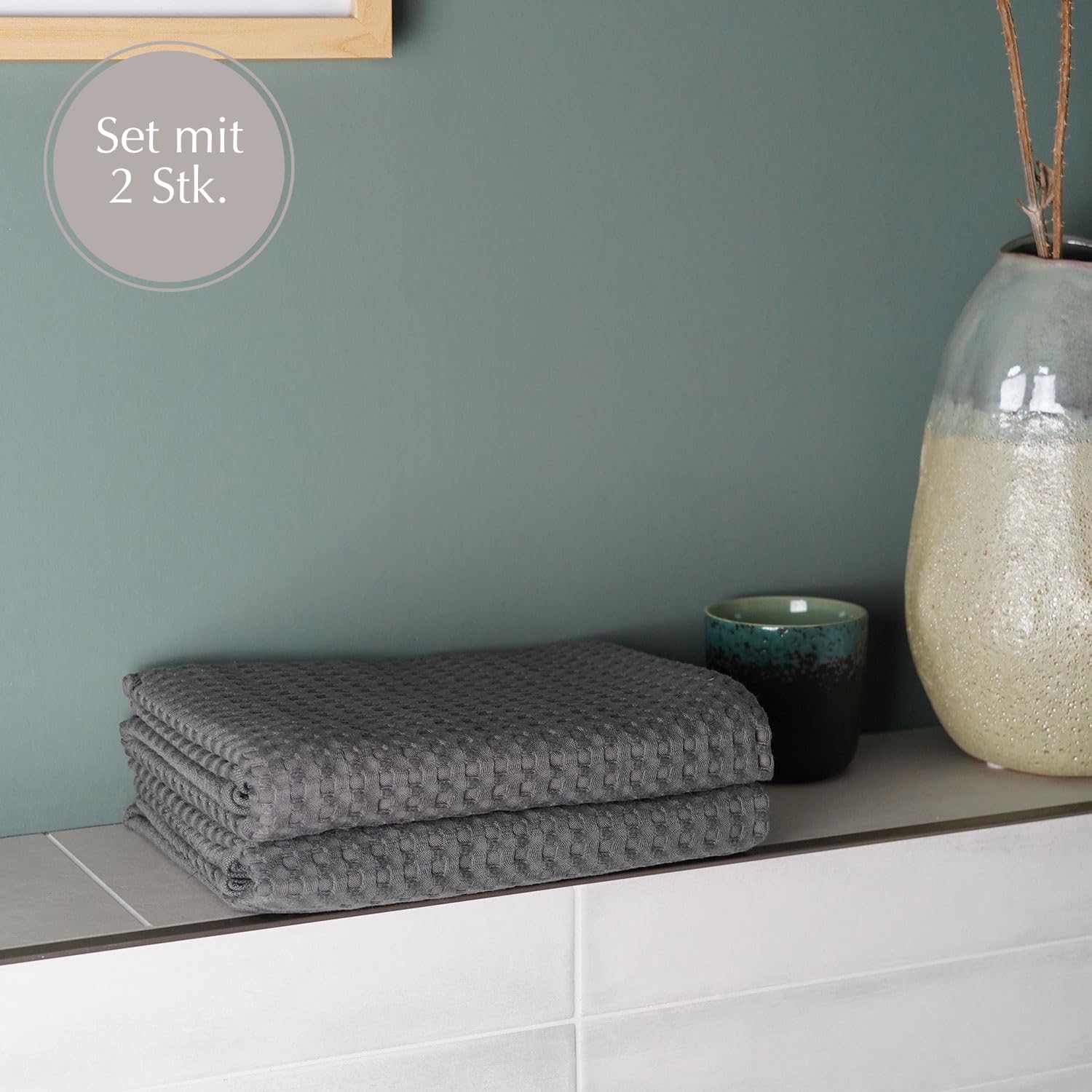 AGA.PIE 2er Set Bambus Lyocell Badetücher - Dunkelgrau, 70x140 cm, Bio Oeko-Tex 100, mit Bio Baumwolle, Nachhaltig, Waffelpique - Handtücher, Badehandtücher, Duschhandtücher, Duschtuch - 2 Stück