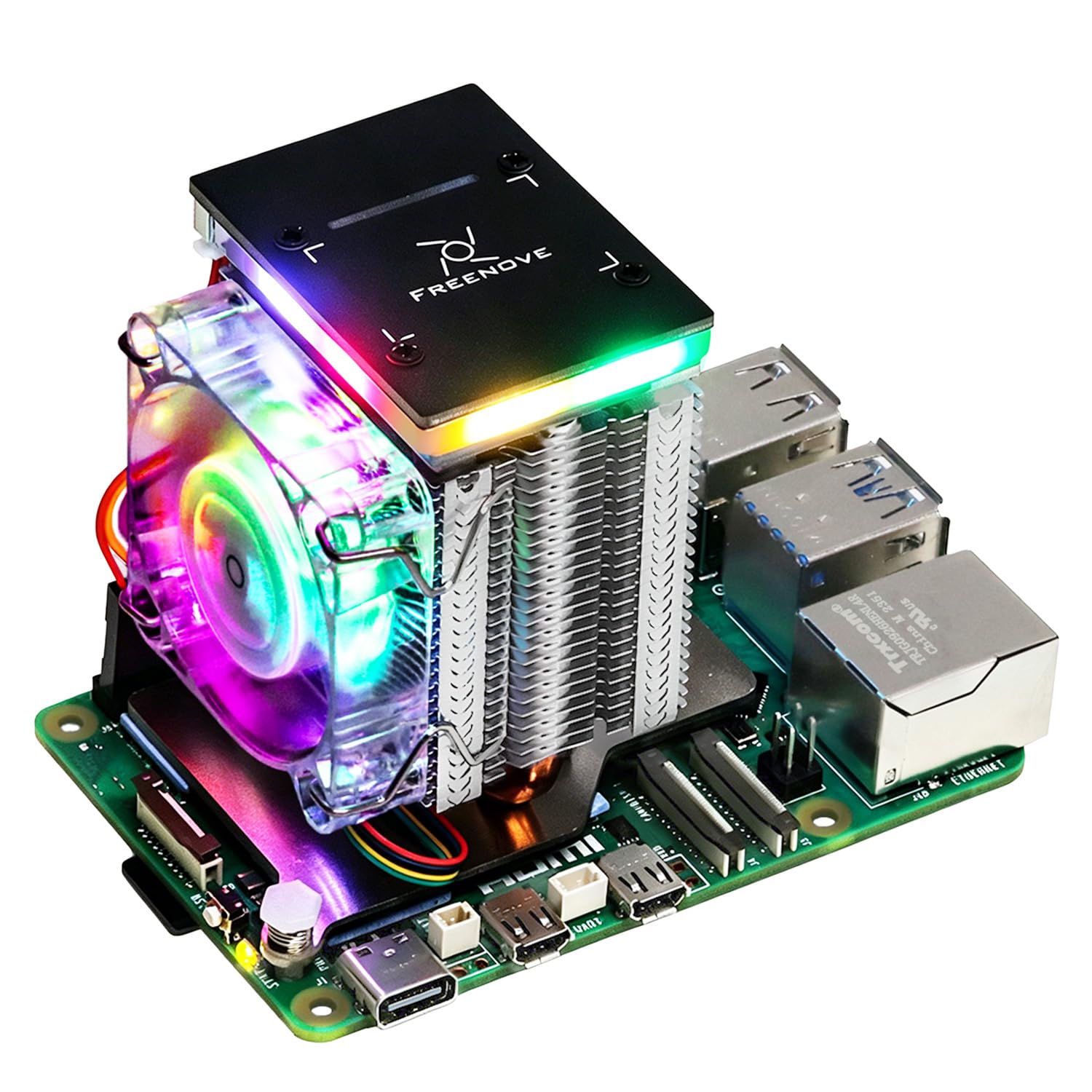 Freenove Active Cooler for Raspberry Pi 5, Fan Tower Cooler, Aluminum Heatsink with Heat Pipe, PWM Cooling Fan with Controllable ARGB Light, Multiple Cooling and Lighting Modes