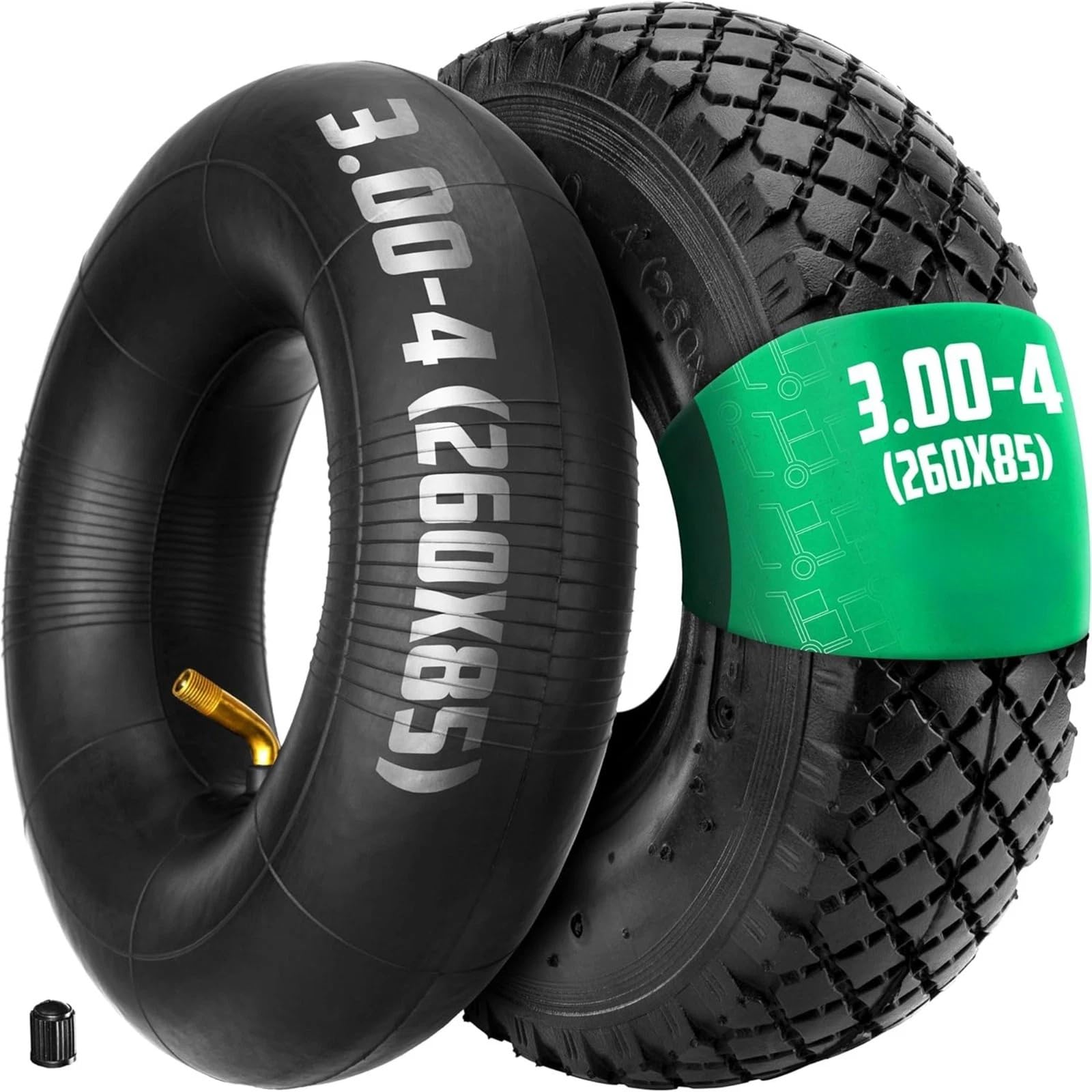 HKB 4 Sackkarrenräder Gummirad 3.00-4 ø=260mm Achsen-ø=20mm mit Halterungen | 2x kugelgelagerte Lenkrolle, 2x Bockrolle, Kunststofffelge mit Rollenlager, Tragkraft 136kg, Artikel-Nr. 20195