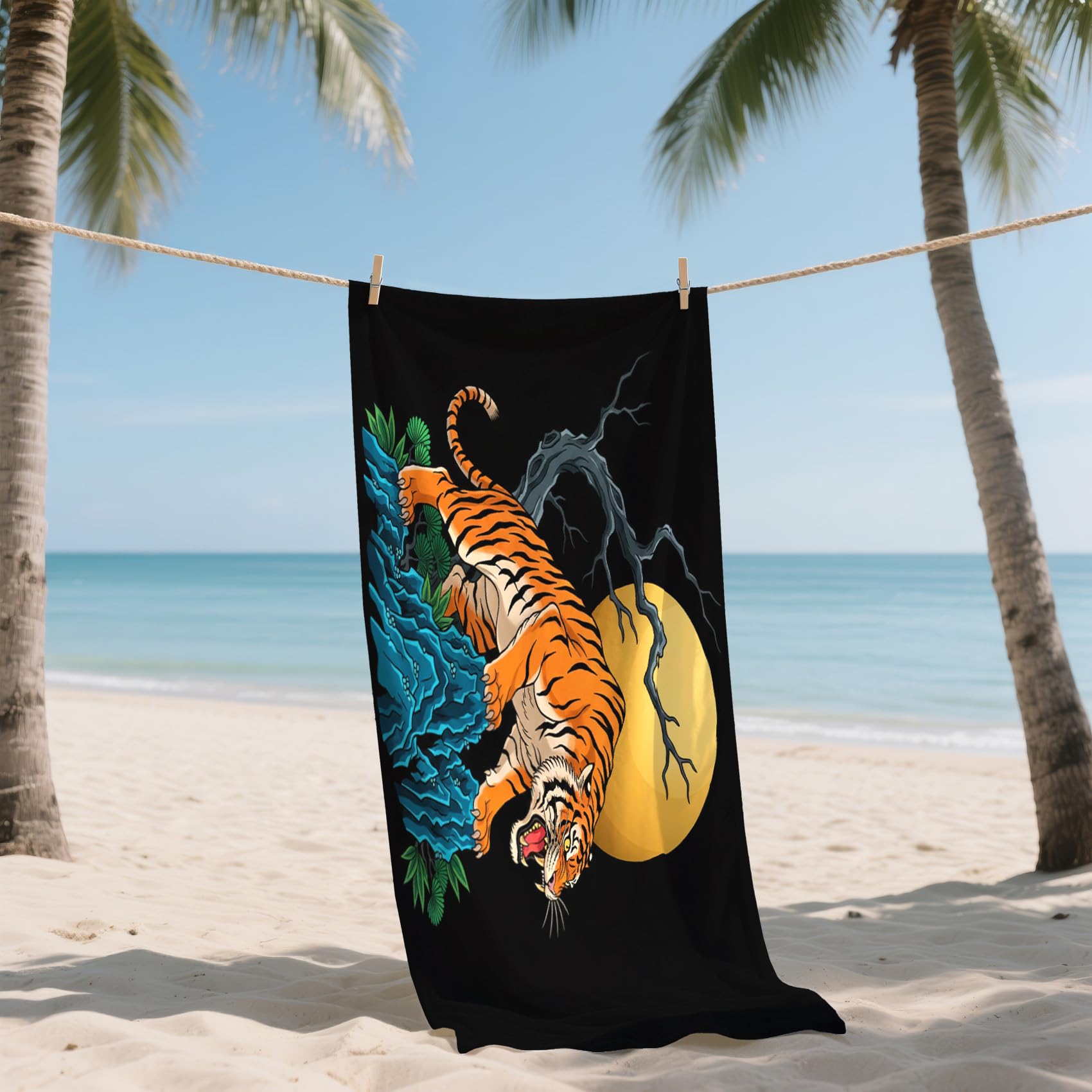 Serviette de Plage XXL Microfibre Tigre Style Asiatique Japonais, Drap de Plage Séchage Rapide Anti Sable & Légère, Serviette de Bain Grande Taille 150x200 cm, Accessoire & Cadeau été
