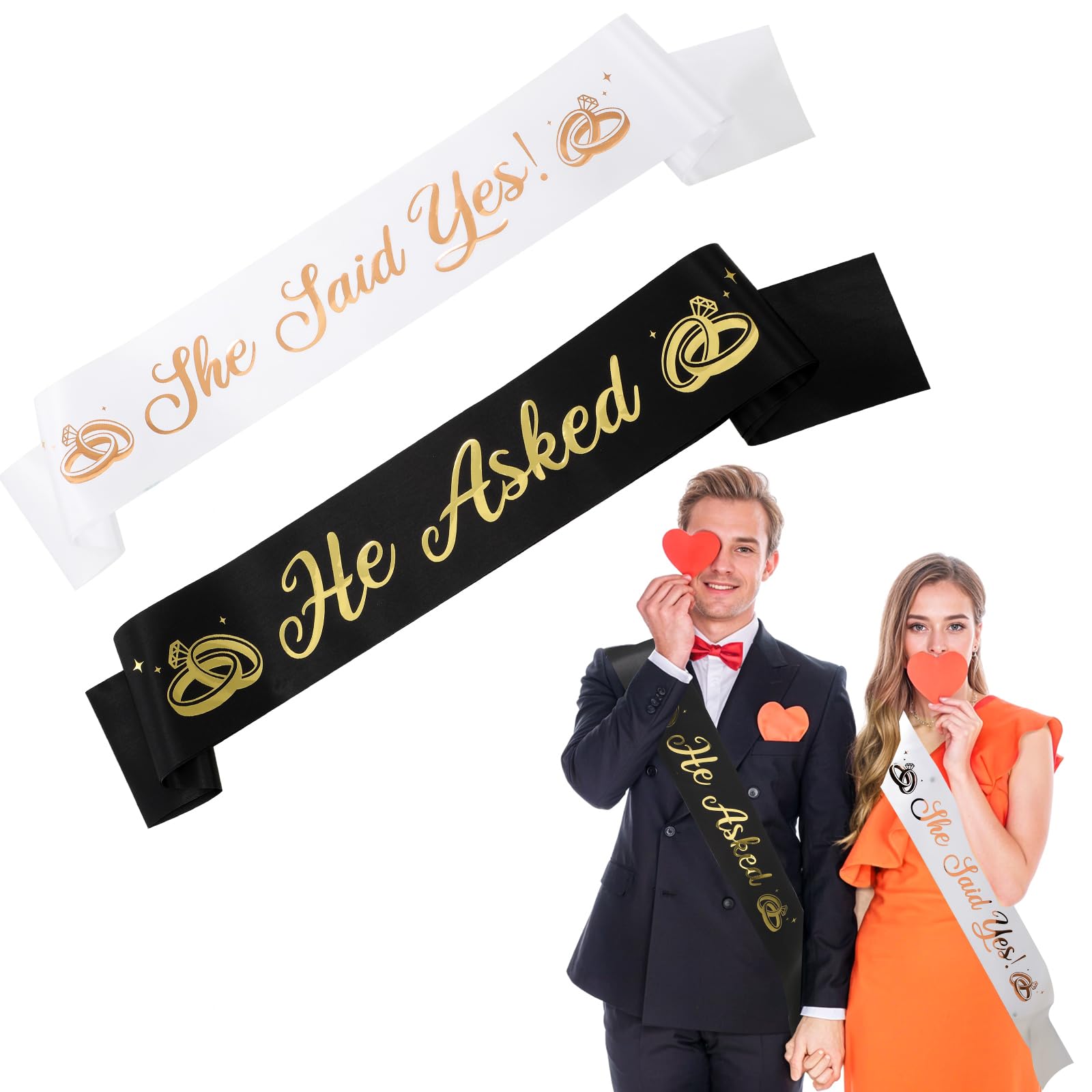 Muiltvoe 2 PCS Engaged Sash Couple, He Asked & She Said Yes Sashes Kit, Groom to Be Sash and Bride Sashes for Wedding Engagement Bridal Shower Decorations Bachelorette Engagement Gifts (Black, White)