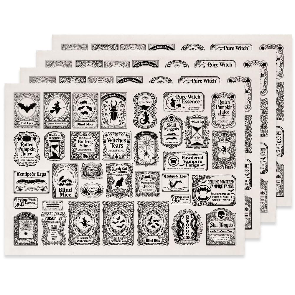 SUPERDANT 4Pcs Underglaze Transfers for Pottery 52x37cm Halloween Ceramic Transfer Paper with Vintage Apothecary Labels and Bat for DIY Pottery Projects and Home Decor Black