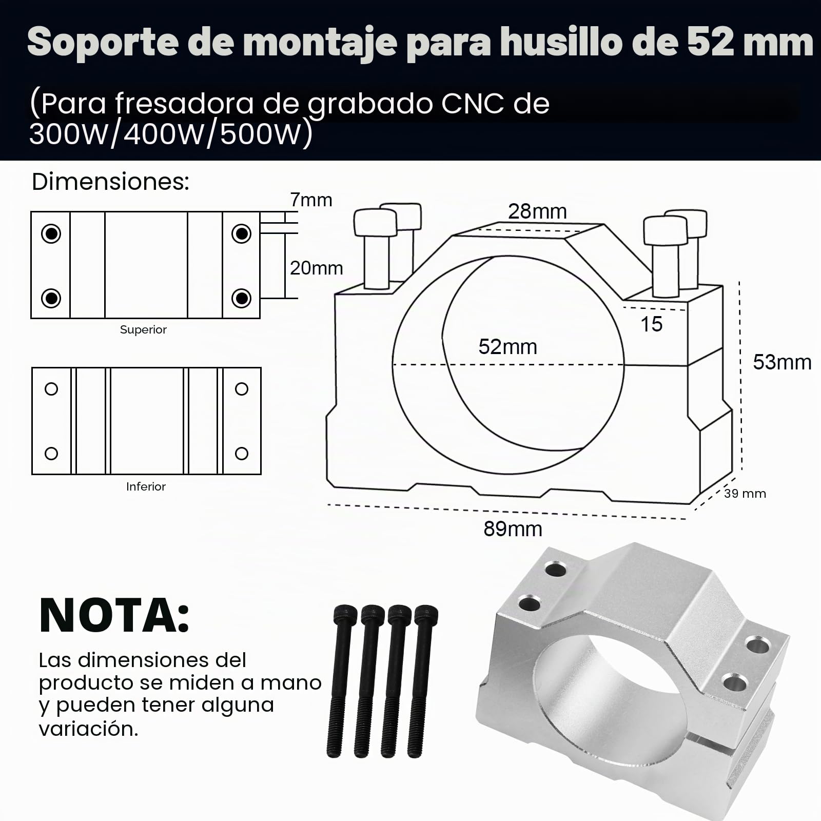 YOFULY Husillo CNC de 500 W con refrigeración por aire, regulador de velocidad MACH3 con fuente de alimentación AC110 V-220 V + soporte de husillo de 52 mm + pinzas de sujeción ER11 para máquina de