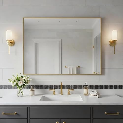 Miniatura 130 de Espejo de baño dorado naranja de 30 x 30 pulgadas para pared, espejo rectangular rectangular con marco de aluminio, moderno grande para dormitorio