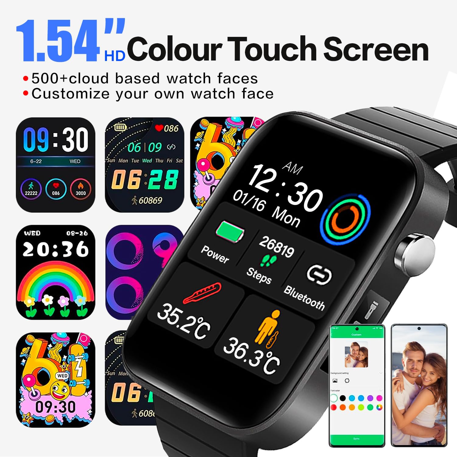 Smartwatch męski damski Life Tracker 1,95" HD Touch zegarek fitness, wodoszczelność 5ATM, wskaźnik witalności 24/7, 18 trybów sportowych, analiza snu, funkcja połączeń, kompatybilny z iOS