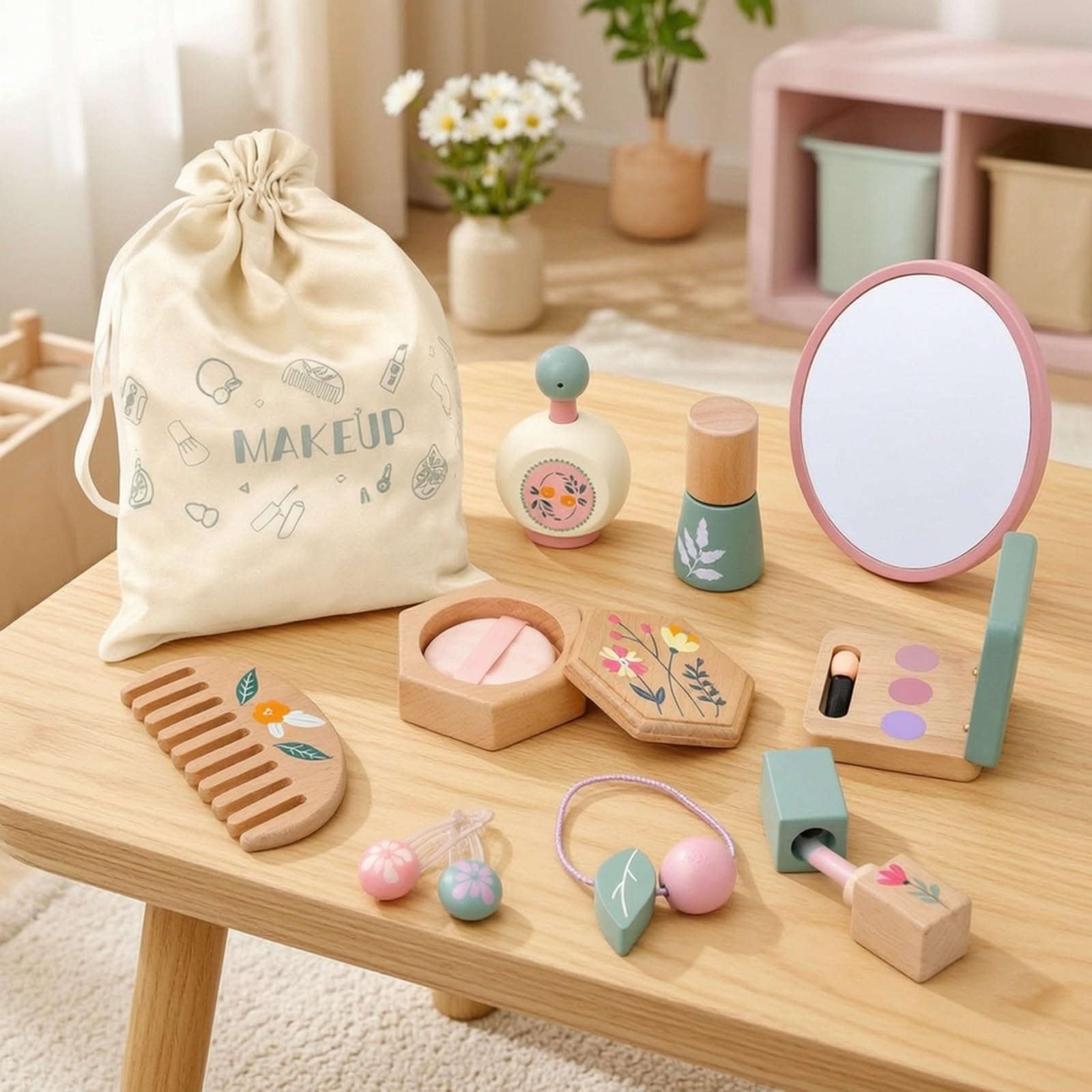 Kit Trucco in Legno per Bambini con Borsa a Coulisse Sicuro Set di Trucchi Finto con Trousse Completo Giocattolo per Apprendimento Precoce,
