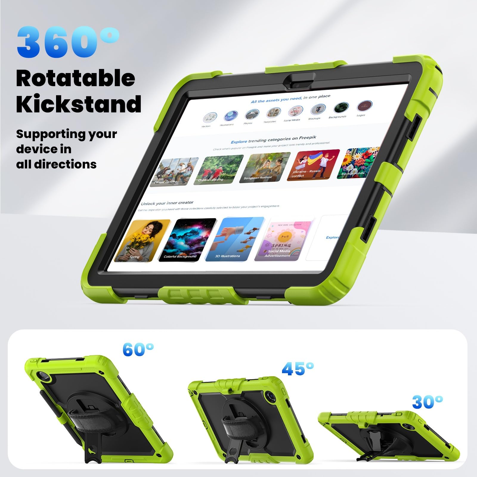 Kompatybilny z Lenovo Tab M11 TB-330FU/Lenovo Xiaoxin Pad 2024 TB-331FC Wytrzymała, odporna na wstrząsy obudowa TPU, osłona ochronna osłoną ekranu Obrotowa podpórka 380 + pasek rękę + ramię(Ye?il)