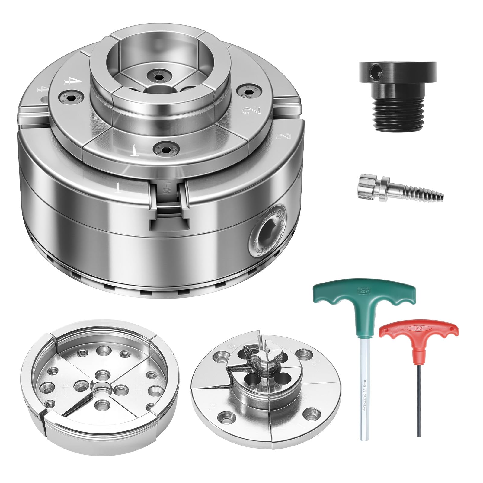 Mandrin de Tour à Bois 102 mm 4 Mors Autocentrant Engrenage Conique avec Adaptateur 1" x 8 TPI, Mâchoire Ronde et Étagée, Acier Finition Nickelée