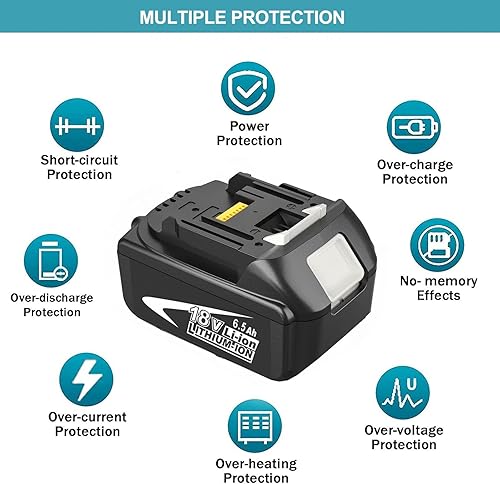 Miniatura 5 de 2 paquetes de repuesto de litio de 6.5 Ah para batería de 18 V compatible con batería de 18 voltios BL1860 BL1820 1830B 1840B 1850B