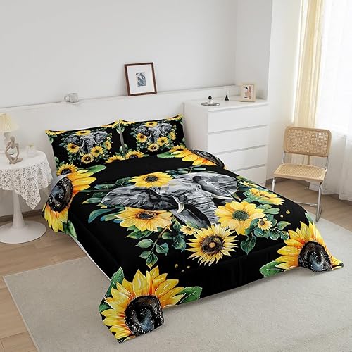 Miniatura 3 de Juego de edredón de elefante, edredón de plumón de girasol amarillo, tamaño King para niños, niñas, adolescentes y adultos, decoración de dormitorio