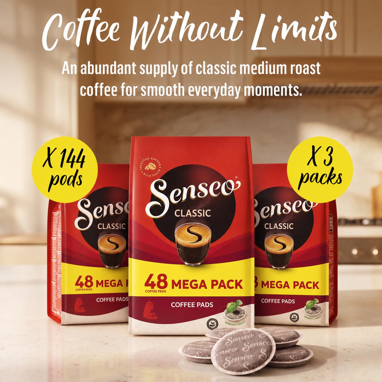 Senseo Classic Cápsulas monodosis de café, 3 unidades, sabor intenso y sabroso, 144 cápsulas