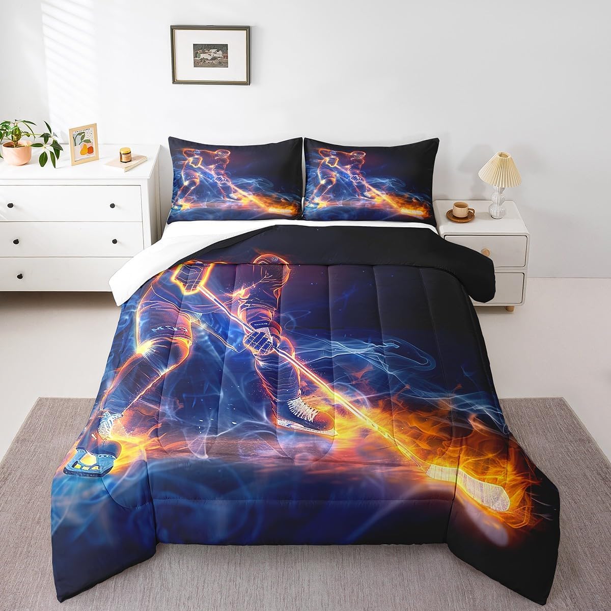 Feelyou Kids Twin Ice Hockey Comforter Set Hockey Player Bedding Set Winter Sports Comforter for Kids Boys Girls Sports Duvet Set Adult Bedroom Decor Bed Set 2Pcs