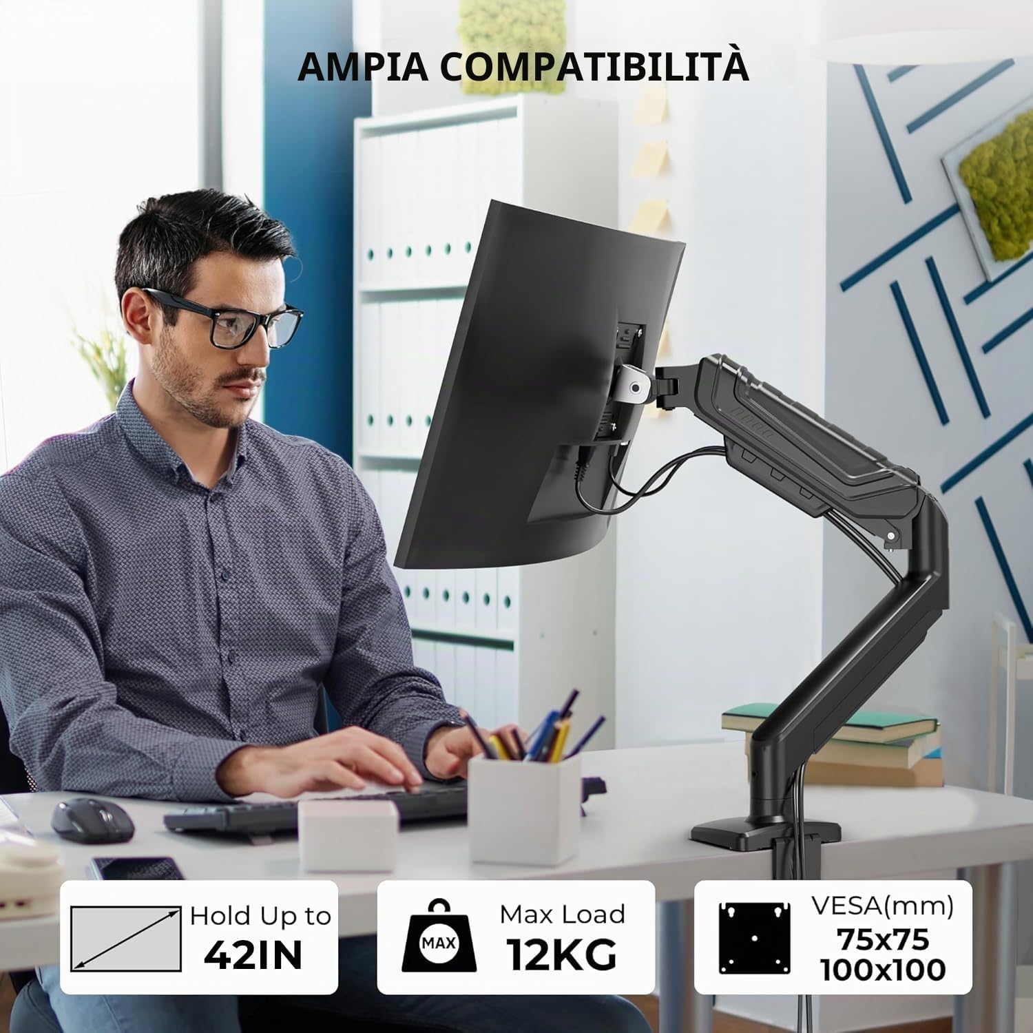 BONTEC Supporto Monitor da Scrivania 15-34 Pollici, Braccio Monitor a Gas Ergonomico Fino a 12 KG, Vesa 75x75 100x100, Inclinazione Rotazione Altezza Regolabile, Staffa Stabile con Gestione Cavi