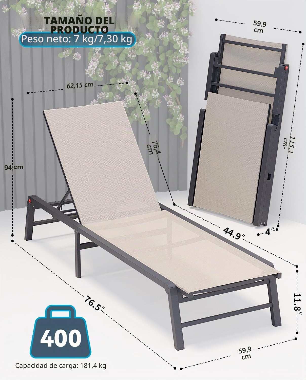 Tumbona de Aluminio para Exteriores, con 5 Posiciones Ajustables, Plegable, para Piscina, Playa, Patio, Piscina, Interior y Exterior, Color Beige