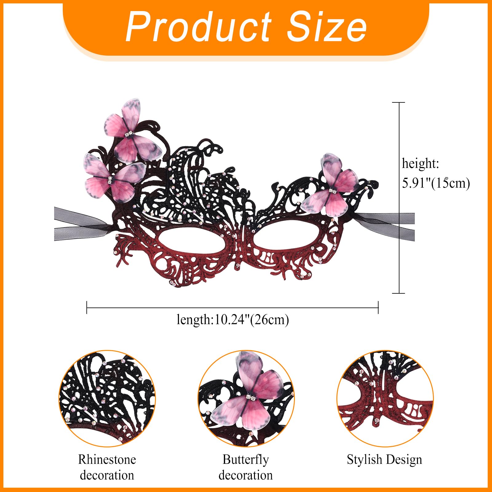JewelryWe Women's Lace Masquerade Masks: Butterfly Mask with Rhinestone Adjustable Costume Accessories for Halloween Cosplay - Image 3