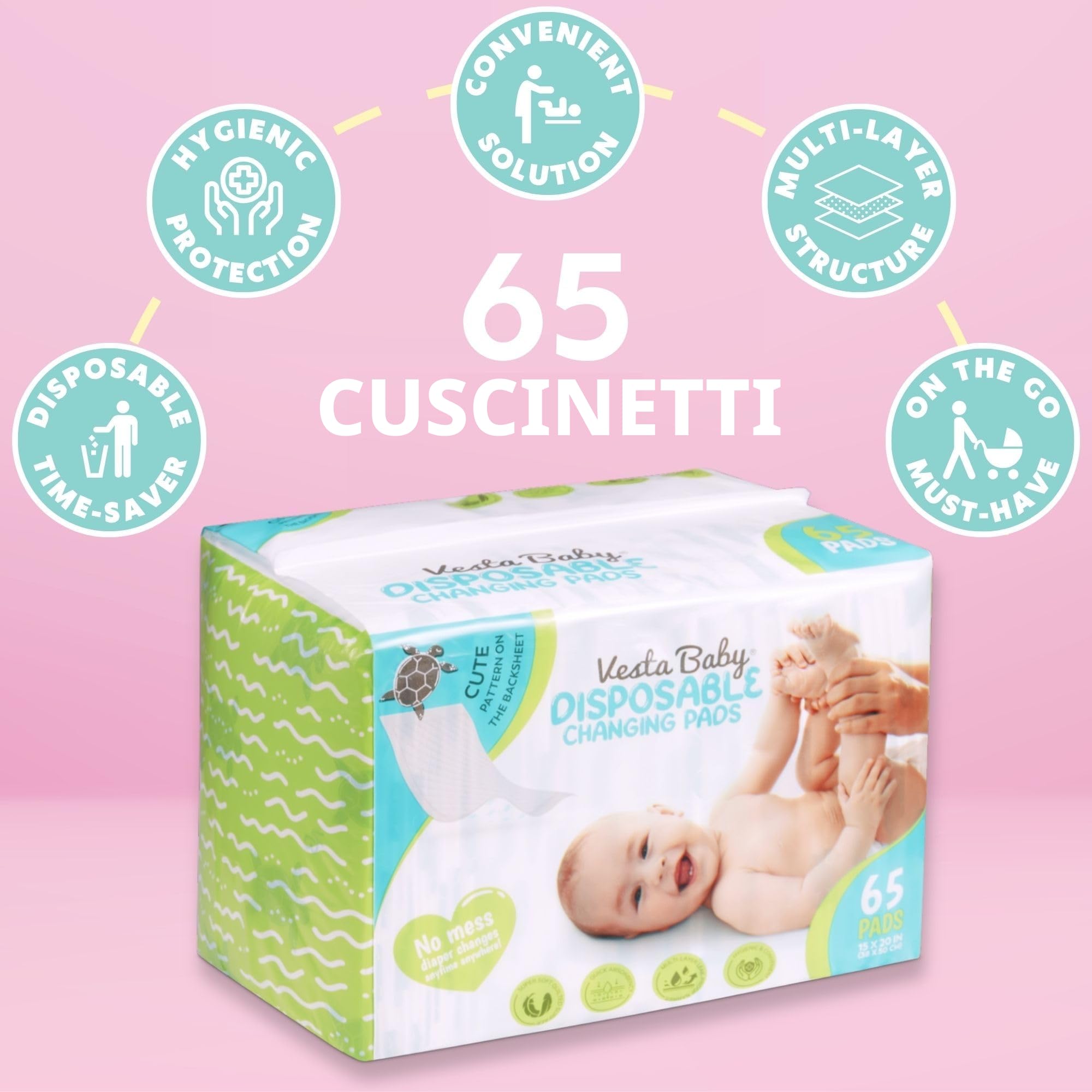 Vesta Baby Fasciatoio usa e getta - 65 tappetini assorbenti a prova di perdite - Sottopannolini bianchi per il cambio del pannolino per la protezione del letto e del tavolo - Fodere impermeabili