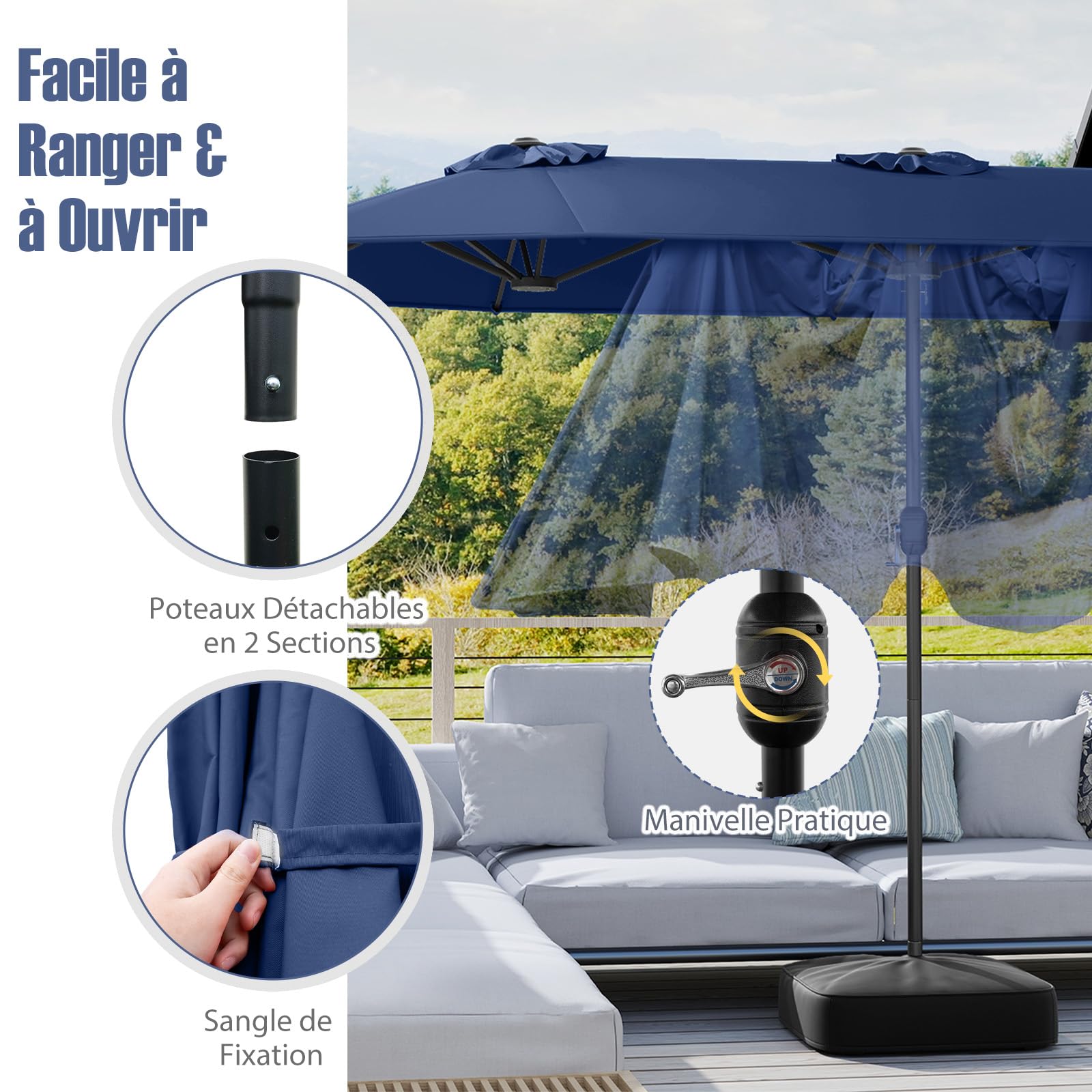 RELAX4LIFE Grand Parasol de Jardin Extérieur avec Pied | Parasol Double Terrasse à 12 Baleines | Manivelle | Polyester Résistant | Verrou de Sécurité | Protection UV pour Piscine Patio Marché (Marine)