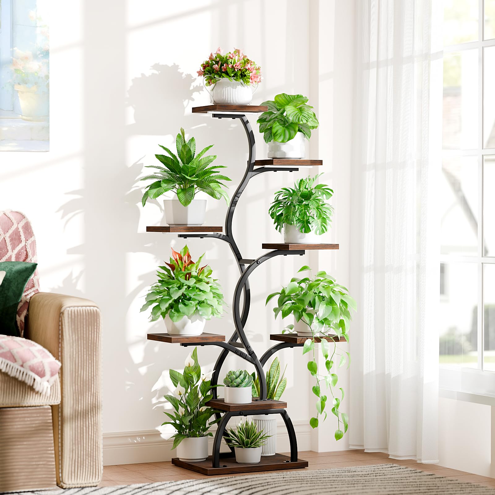 BACEKOLL Soporte para plantas con luz de crecimiento - 8 niveles, soporte para flores de 124 cm, metal y madera, estantería para plantas - Escalera de flores para interior y exterior - Estantería