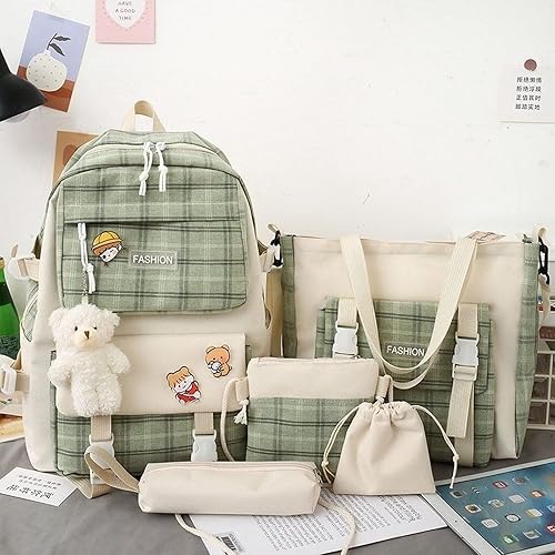 Miniatura 6 de Paquete de 5 mochilas escolares kawaii con bonitos alfileres colgantes de oso a cuadros, suministros de regreso a la escuela, mochila escolar de